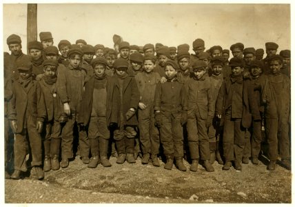 Group of boys working in -9 Breaker Pennsylvania Coal Co, Hughestown Borough, Pittstown, Pa. In this group were Sam Belloma, Pine Street, Angelo Ross, 142 Panama Street, and others (reported LOC nclc.01148