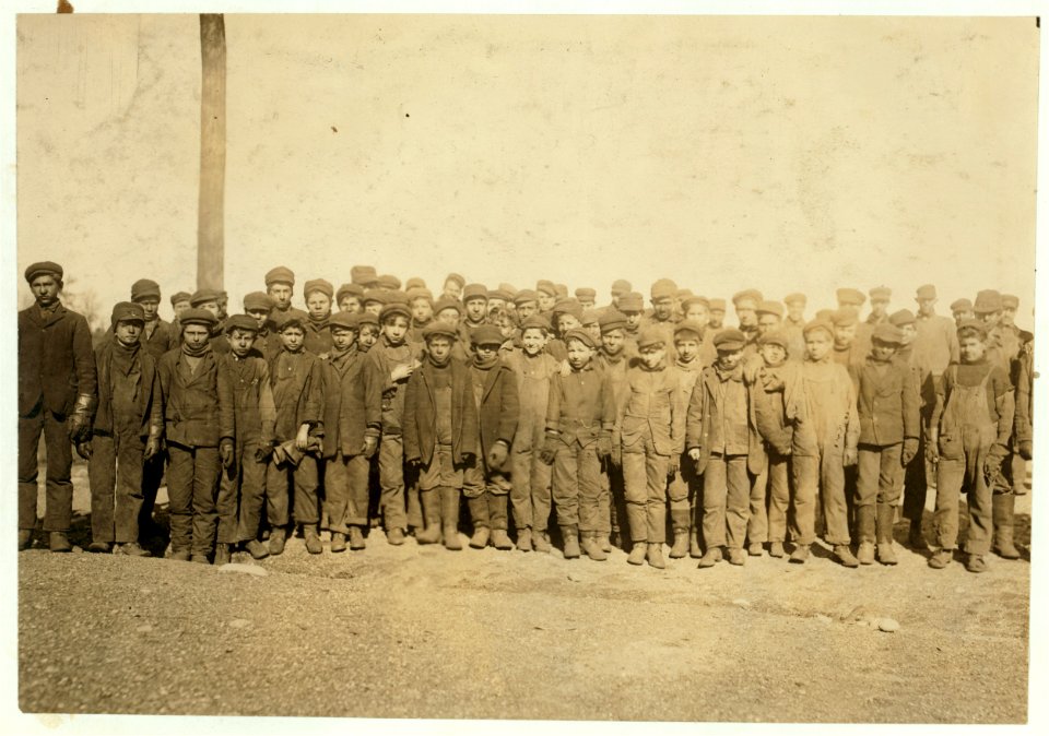Group of boys working in -9 Breaker, Pennsylvania Coal Co., Hughestown Borough, Pittston, Pa. In this group were Sam Belloma, Pine Street, Angelo Ross, 142 Panama Street, and others LOC nclc.01146