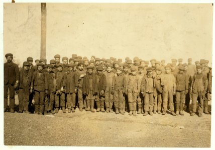 Group of boys working in -9 Breaker, Pennsylvania Coal Co., Hughestown Borough, Pittston, Pa. In this group were Sam Belloma, Pine Street, Angelo Ross, 142 Panama Street, and others LOC nclc.01146