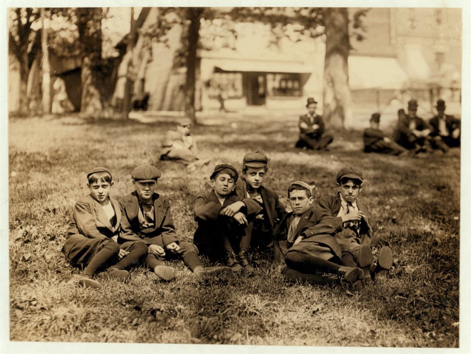 Group of boys working in American woolen Mills, Winooski, Vt. Youngest, 13 years, oldest 15 years. All had been working one year or more. Most are illiterate. 27 Children apparently under 15 LOC nclc.01847