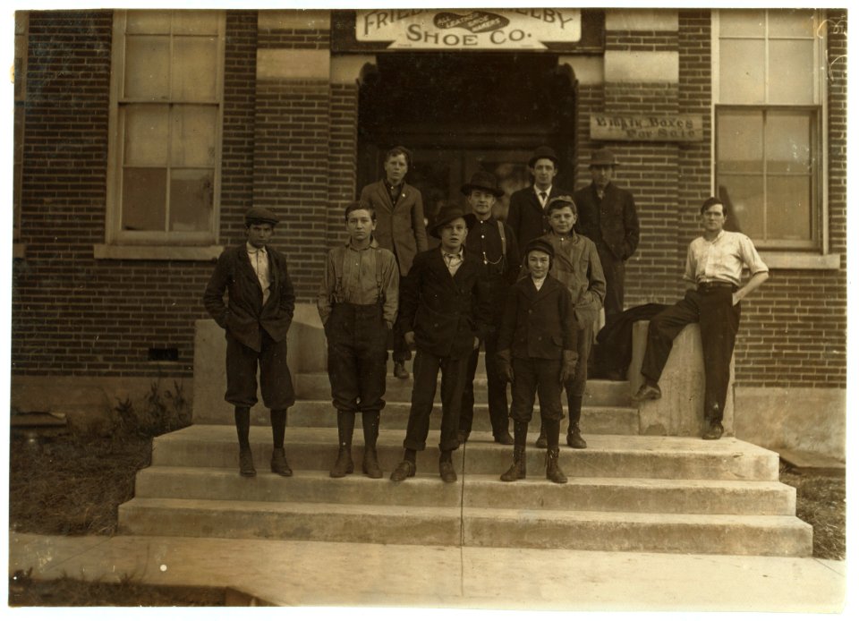 Group of boys working in Freidjman (i.e., Friedman) Shelby Shoe Company, 6-30 A.M. (See photo -1718 for names of boys.) LOC nclc.04702