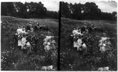 Group of children and several women in a field of flowers, with 3 pony-drawn carts LCCN2005693321