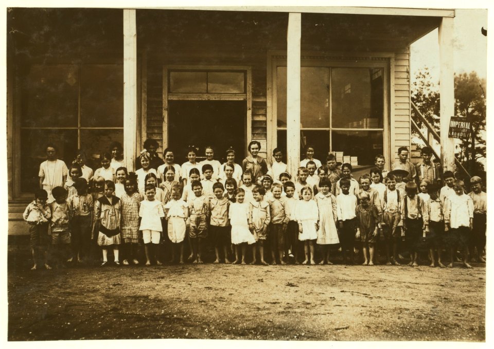 Group of children attending the mill school at Barker Cotton Mills. These children are well-kept at home, and well-directed in school. School is sanitary and well-equipped. School attendance LOC nclc.02917