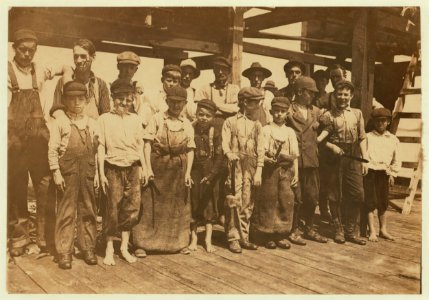 Group of cutters, all of them working, factory -2. One of them, not the youngest, is Harold Whalen, 14 Tappen Ave. Makes $1.00 a day. LOC nclc.00950