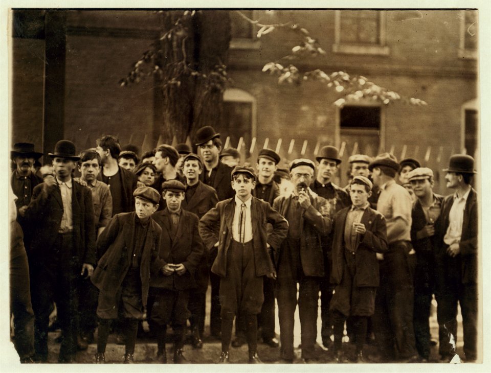 Group of boys working in American Woolen Mills, Winooski, Vt. Youngest 13 years. Oldest 15 years. All had been working one year or more. Most are illiterate. 27, apparently under 15 years LOC nclc.01853
