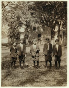 Group of boys working in American Woolen Mills, Winooski, Vt. Youngest, 13 years, oldest 15. All had been working one year or more. Most are illiterat(e) 27 Children apparently under 15 LOC nclc.01846