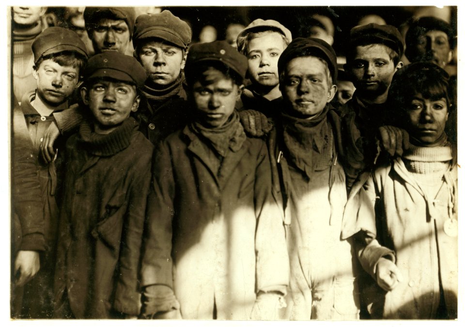 Group of Breaker Boys in -9 Breaker, Hughestown Borough, Pennsylvania Coal Co. Smallest boy is Angelo Ross (see photos and labels -1953 & -1954). LOC cph.3a24718