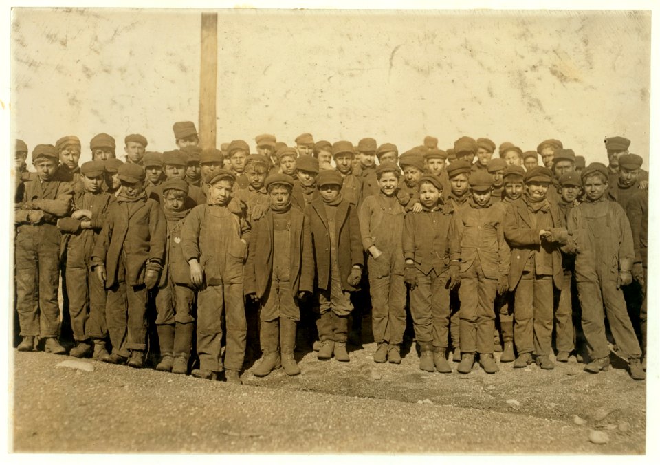 Group of boys working in -9 Breaker Pennsylvania Coal Co., Hughestown Borough, Pittston, Pa. In this group are Sam Belloma, Pine Street, Angelo Ross, and others reported previously. LOC cph.3a24722