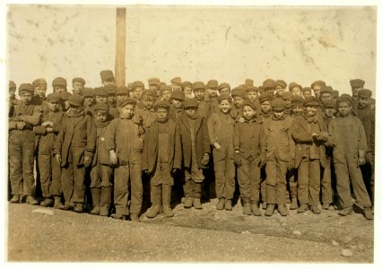 Group of boys working in -9 Breaker Pennsylvania Coal Co., Hughestown Borough, Pittston, Pa. In this group are Sam Belloma, Pine Street, Angelo Ross, and others reported previously. LOC cph.3a24722