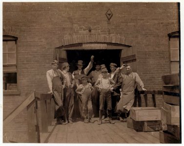 Group of Glass Workers in Shop 6, Illinois Glass Co. The smallest boy is Polish and does not understand English (Illiterate) I saw him at work just before 1 P.M. LOC nclc.01292