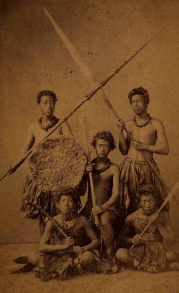 Group of Hawaiian Warriors Dressed in Native Costume, c. 1860, carte de visite by Henry L. Chase, Mission Houses Museum Archives