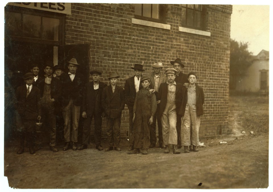 Group of men and boys at Friedman Shelby Shoe Co. The youngest, apparently 11 or 12 is Felber McLaughlin, S. Wabash St. One boy who said he was 14 last month and had been working there a LOC nclc.04722
