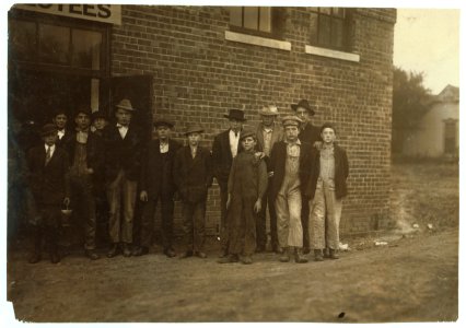 Group of men and boys at Friedman Shelby Shoe Co. The youngest, apparently 11 or 12 is Felber McLaughlin, S. Wabash St. One boy who said he was 14 last month and had been working there a LOC nclc.04722