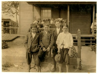 Group of mill boys going to church Sunday morning. Beaumont Mill Settlement, Spartanberg, S.C. All work. The front row left hand and Elish Putnam been working 3 or 4 years. Middle Bryson LOC nclc.02584