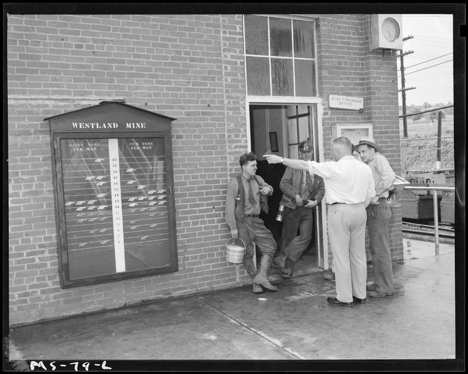 Group of miners at foreman's office. Pittsburgh Coal Company, Westland Mine, Westland, Washington County, Pennsylvania. - NARA - 540258