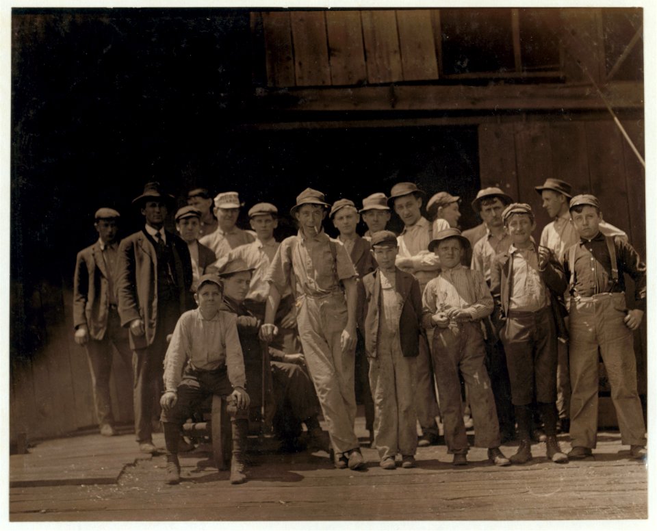 Group of glass workers at Shop 7, Illinois Glass Co. 12-30 P.M. One of the smallest boys is Dennis White, 1013 Liberty St.,. LOC nclc.01290