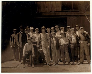 Group of glass workers at Shop 7, Illinois Glass Co. 12-30 P.M. One of the smallest boys is Dennis White, 1013 Liberty St.,. LOC nclc.01290