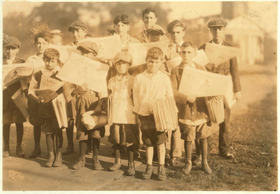 Group of newsboys from 7 years to 21. There were no newsgirls at this time. On the Green at New Haven, Conn. Aug. 26, 1924. LOC nclc.04063