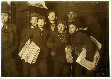 Group of Newsboys on Frankfort Street near World Building. Witness, Fred McMurrry. LOC nclc.03191