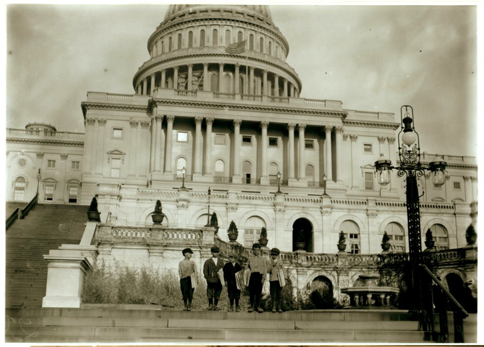Group of newsies selling on Capitol steps, April 11, 1912. Tony Passaro, (8 yrs. old). Dan Mercurio, (9 yrs. old). Joseph Tucci (10 years old). Peter Peper (10 yrs. old). John Carlino (11 LOC nclc.05493