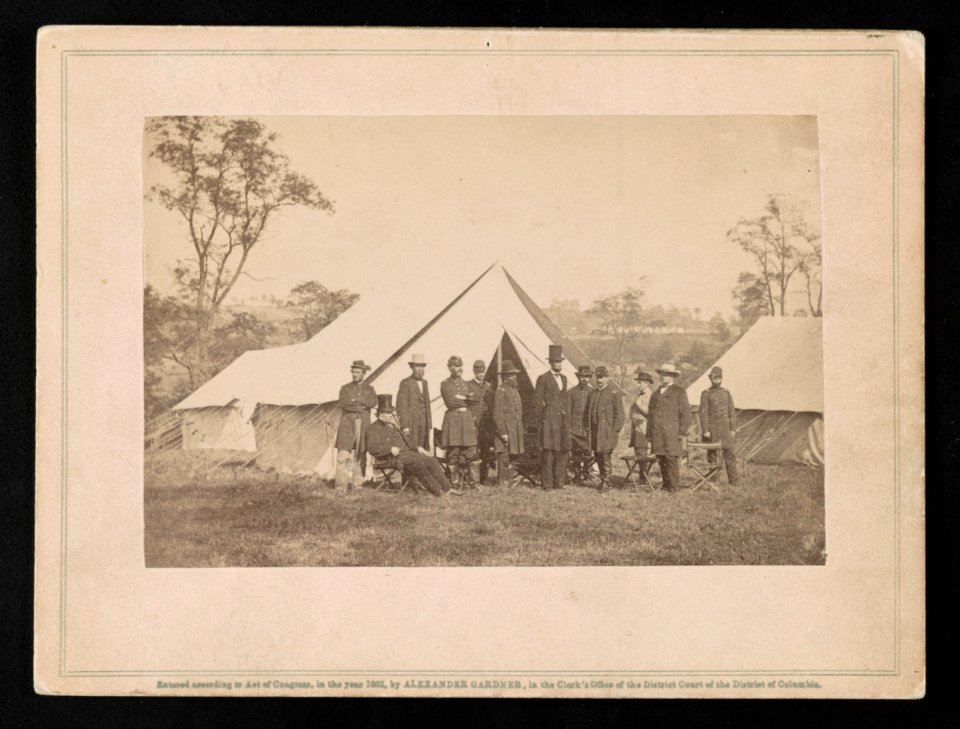 Group of President Lincoln, Gen. McClellan, and suite, at headquarters Army of Potomac, previous to reviewing the troops and the battle-field of Antietam, 3d Oct., 1862 LCCN2014646943