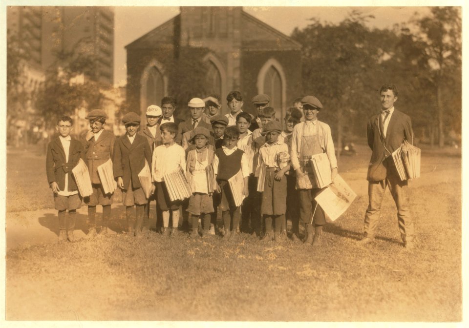 Group of newsboys from 7 years to 21. There were no newsgirls at this time. On the Green at New Haven, Conn. Aug. 26, 1924. LOC nclc.04064