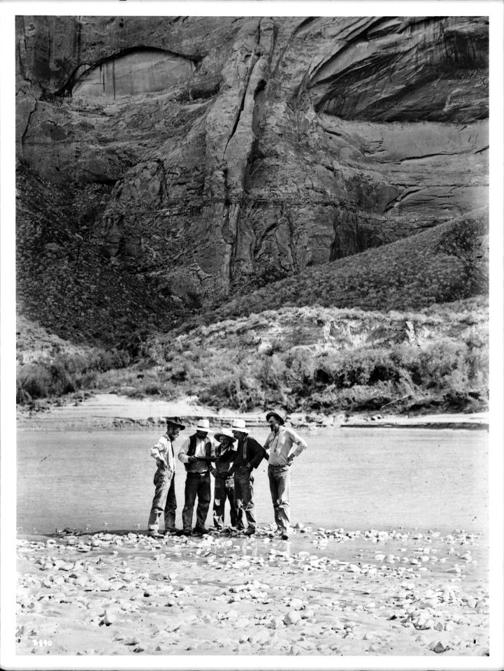 Group of prospectors on the Colorado River in Glen Canyon up from Lee's Ferry, Grand Canyon, ca.1900 (CHS-3890)