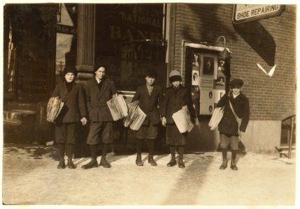 Group of newsies (youngest 10 years) selling Boston papers at noon. In Barre and Montpelier newsies are excused from school a little early at noon and at night in order to get to their LOC nclc.03981