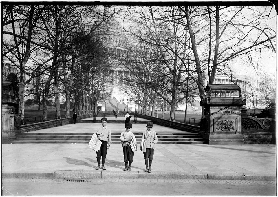Group of newsies selling on capitol steps. Dan, a chronic truant, 9 years old. Joseph, 10 years old, begins selling... - NARA - 523532