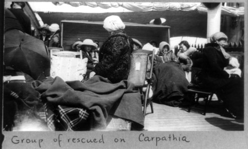 Group of survivors of the Titanic disaster aboard the Carpathia after being rescued LCCN90707557