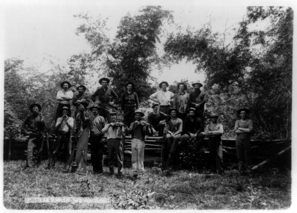 Group of seventeen American soldiers posed, 2 with violins, 1 with harp, Philippine Islands LCCN91787246