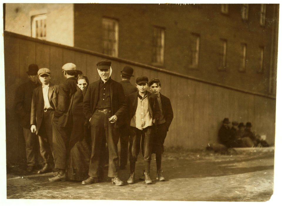 Group of workers at Dwight Mfg. Co. Gottlieb Gasnick, (boy with sweater), 15 Gardner Rd. Worked in spinning room -4 for six months. LOC nclc.02425