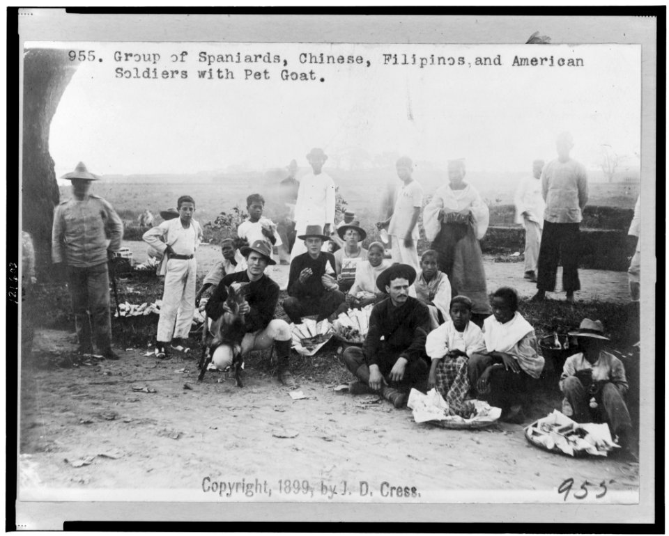 Group of Spaniards, Chinese, Filipinos, and American soldiers with pet goat LCCN98518563