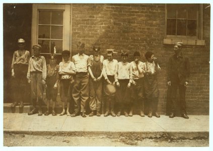 Group of tack-pullers working in the West End Shoe Factory, Lynchburg, Va. A number of boys here are surely under fourteen and likely under twelve, some of them. Youngest ones refused to LOC nclc.04732