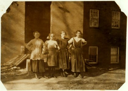 Group of workers in the Dwight Mfg. Co. Sophie Motralske, (smallest girl), 3 Lawrence Rd. Works in spinning room. LOC nclc.02417