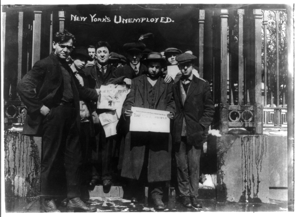 Group of unemployed workers holding up newspaper, The Voice of the People, New York City LCCN2001704471