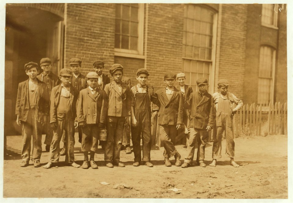 Group of workers at Sagamore Mills -1. Some of these were boys we saw on Friday P.M., four on two floor, three on next floor, dodging about behind spinning frames as though trying to avoid LOC nclc.02259