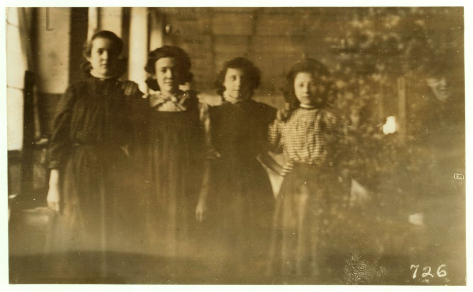 Group of young girls (not the youngest) who were working in drawing-in room of American Woolen Mill, Winooski, Vt. Right hand end - Amanda Lavelley; next - Laura Lavelley; next - Isabel LOC nclc.01716