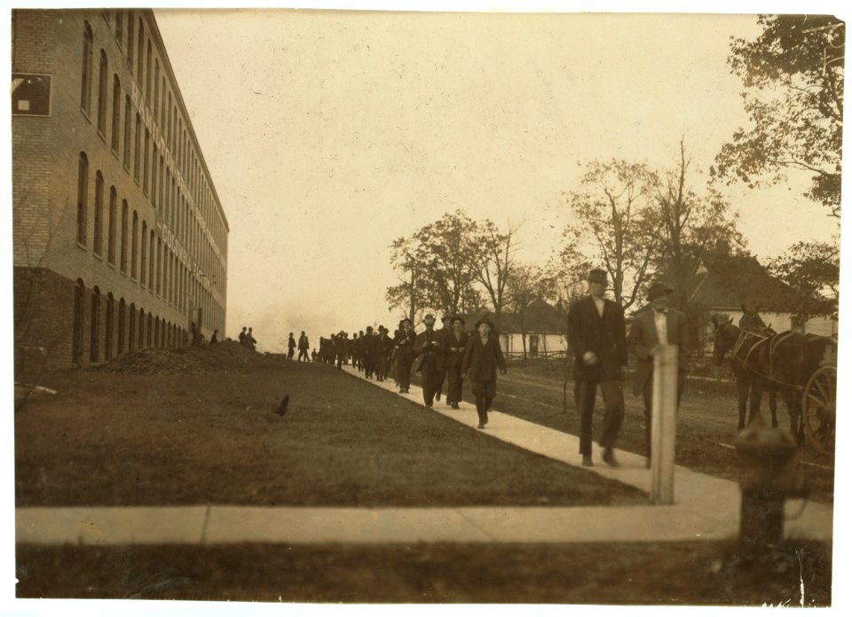 Group of workers coming out of Hamilton Brown Shoe Company,. LOC nclc.04705