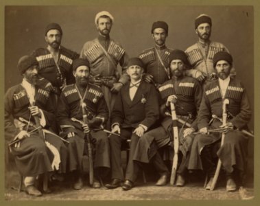 Group portrait of eight Circassian men in uniform, with another man, possibly an Ottoman official LCCN2003677081