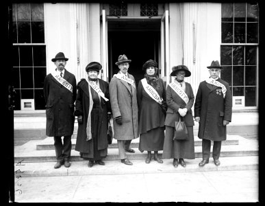 Group wearing Amnesty sashes at White House, Washington, D.C. LCCN2016891849