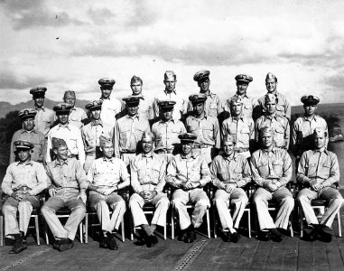 Group photo of ship’s gunnery officers aboard the fast aircraft carrier USS Monterey include Gerald Ford