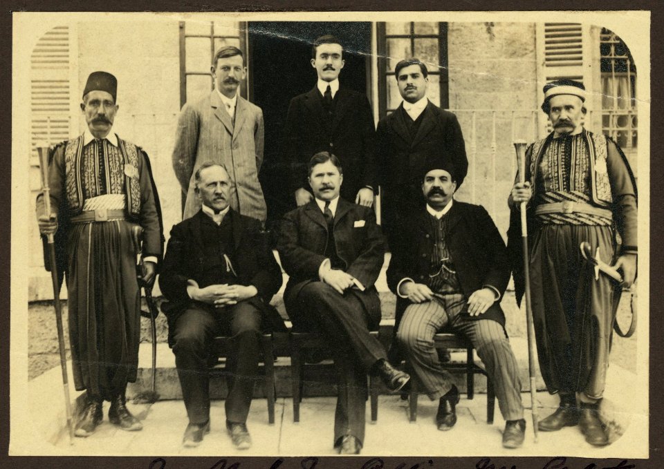 Group portrait of Mr. Clark, Mr. Coffin, Mr. Galat, Sr.; John Whiting, Mr. Heck, and Mr. Galat, Jr., possibly at American Consulate, Jerusalem LCCN2007682804
