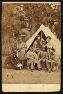 Group portrait of soldiers in front of a tent, possibly at Camp Cameron, Washington, D.C.) - G.N. Barnard & C.O. Bostwick, photos LCCN2010647920