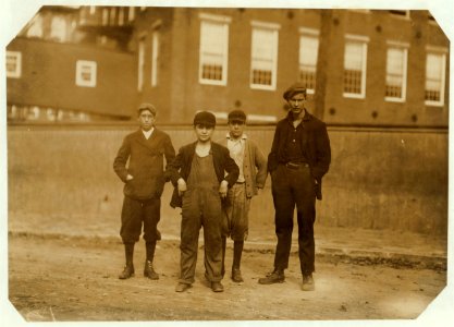 Group. Smallest boy is Stanislaus Beauvais, 25 Pingree St., works on -2 Spinning Room, has been there two years. Next smallest boy is Percy Dupell (back of Stanislaus), 15 Perkins St., has LOC nclc.02399
