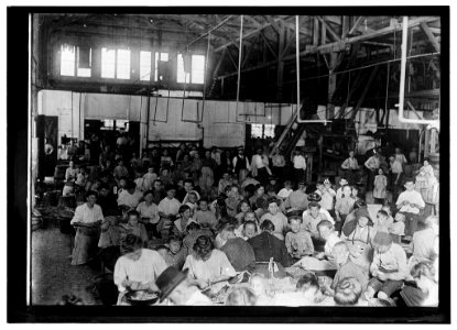 Group, showing a few of the workers stringing beans in the J. S. Farrand Packing Co. Baltimore, Md. Those too small to work are held on laps of workers or stowed away in boxes. LOC nclc.05422