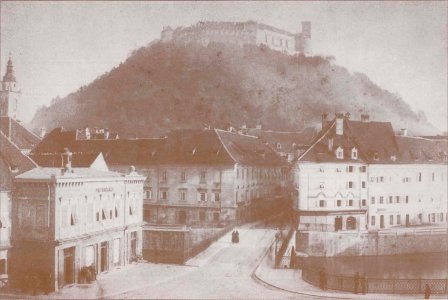 Frančiškanski most in Špitalska ulica 1880