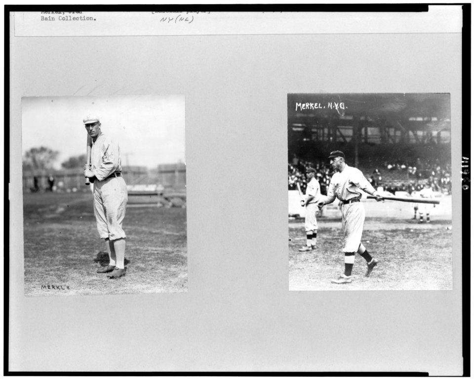 Frederick Charles Merkle, New York NL baseball player, full-length portrait, standing, facing slightly left, holding bat; and on the right, Charles Buck Herzog, full-length, facing left, LCCN94512056