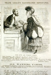 Free love and women's rights (cartoon showing woman asking booksller for her-books, as opposed to hymn-books) LCCN2001696532
