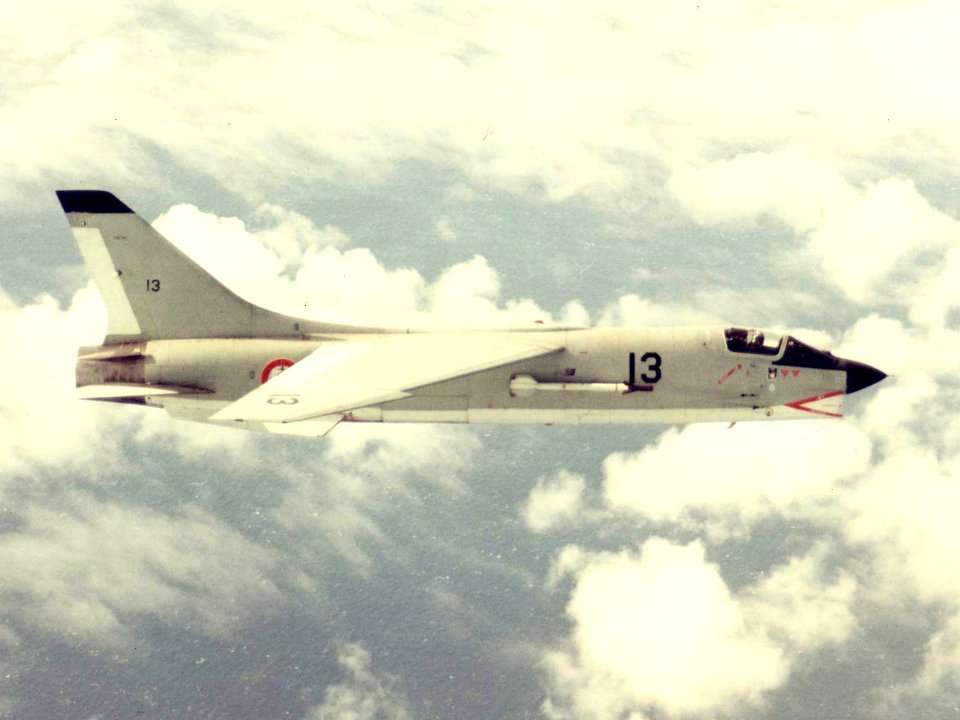 French F-8E(FN) Crusader in flight over the Med 1976